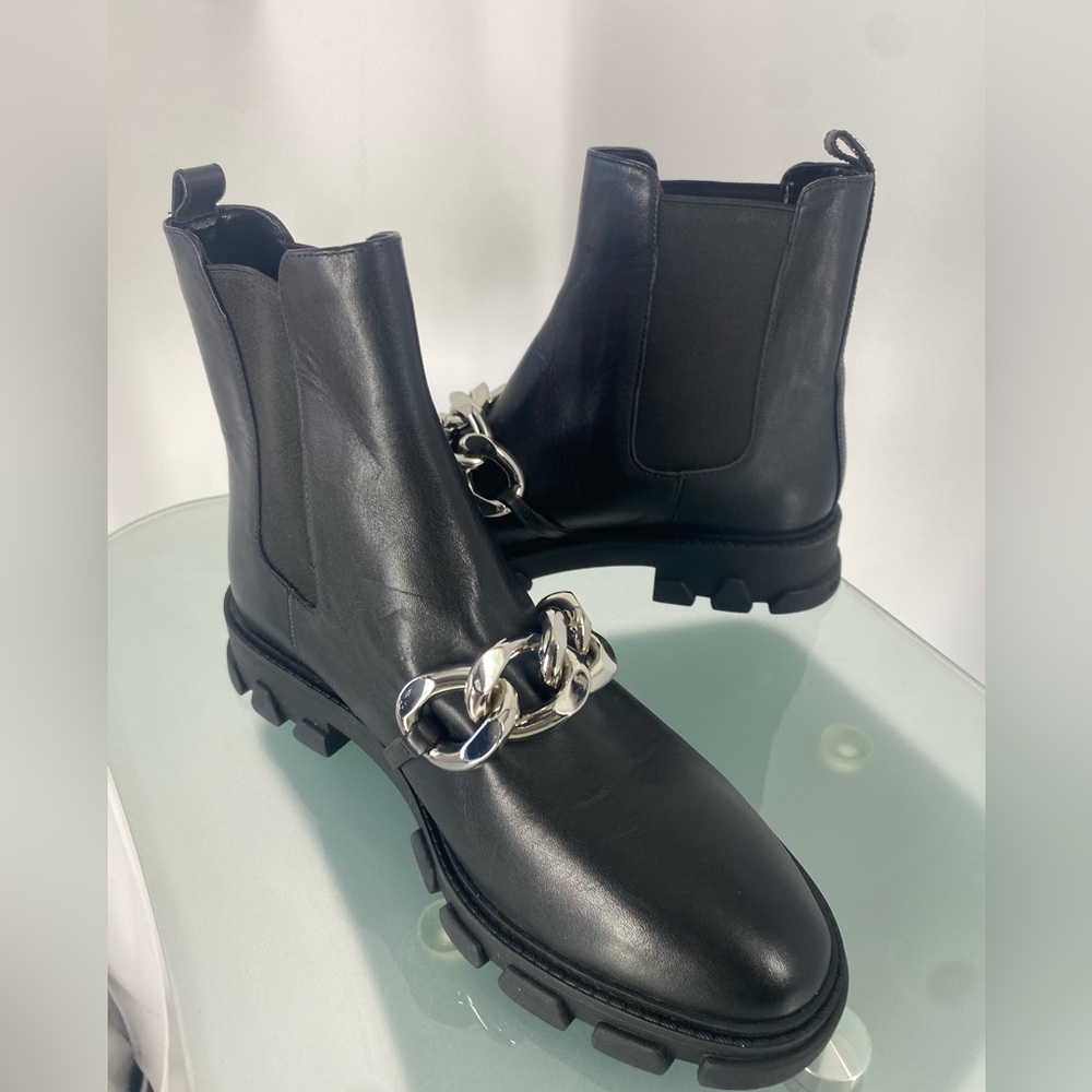 Michael Kors Chain Ankle Boots | Black Leather Lug Sole | Size 9.5 - Picture 3 of 10